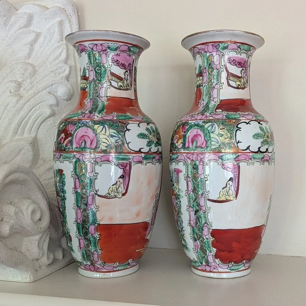 Vintage Chinese Rose Medallion Porcelain Vases Pair Hand Painted Gold Gilt 10in